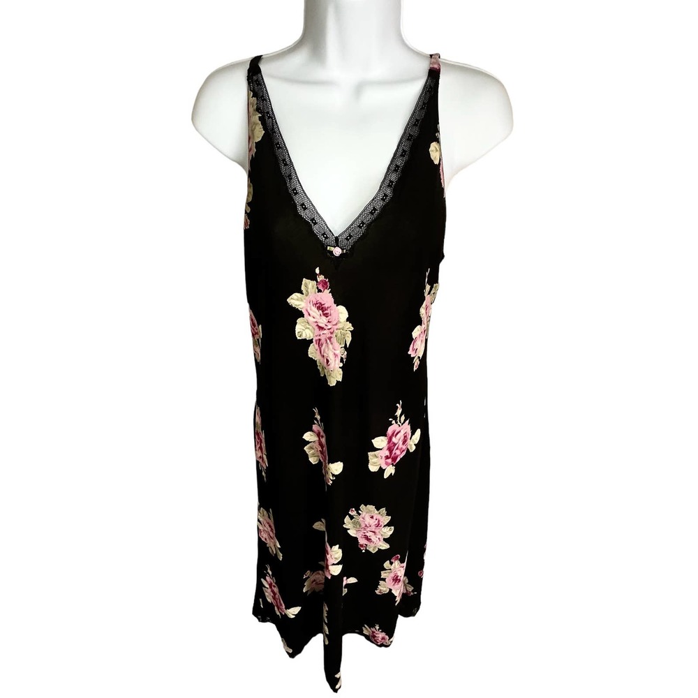 Oscar de la Renta Pink Label Black Floral Chemise Size Small Slip Dress